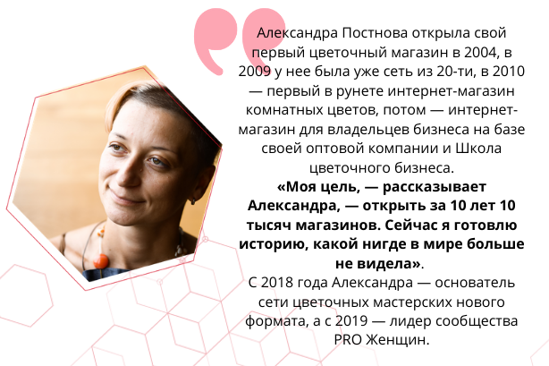 Александра Постнова открыла свой первый цветочный магазин в 2004, в 2009 у нее была уже сеть из 20-ти магазинов, в 2010 — первый в рунете интернет-магазин комнатных цветов, потом — интернет-магазин для владельц (1).png Александра Постнова открыла свой первый цветочный магазин в 2004, в 2009 у нее была уже сеть из 20-ти магазинов, в 2010 — первый в рунете интернет-магазин комнатных цветов, потом — интернет-магазин для владельц (1).png